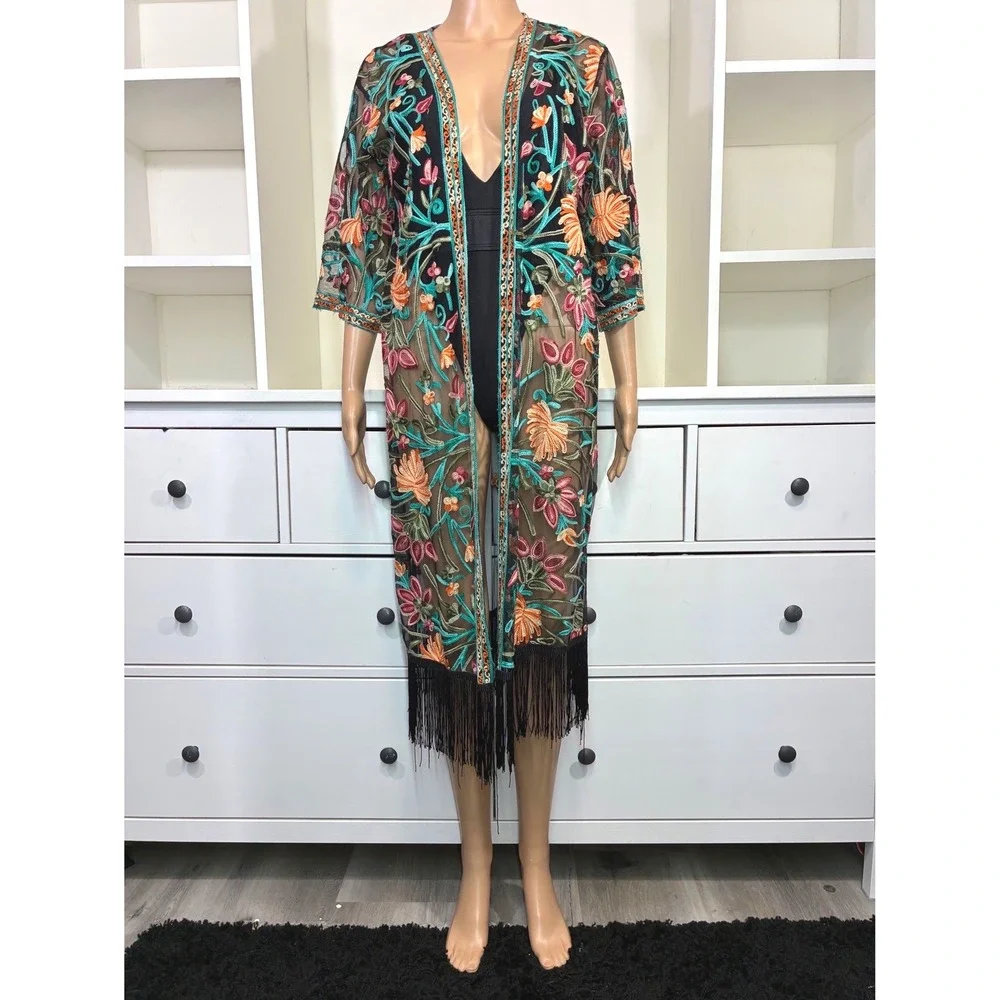 Rebellion Again Womens Small Sheer Mesh Floral Embroidered Fringe Kimono Duster